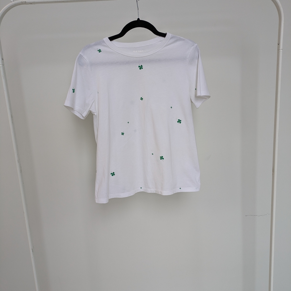 Old Navy White T-Shirt with Four Leaf Clovers